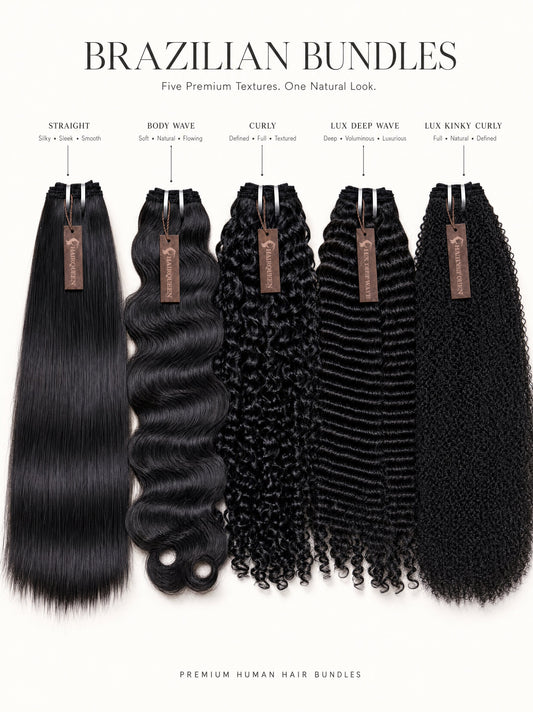 Brazilian hair bundle collection, dark black bundles showing multiple textures.