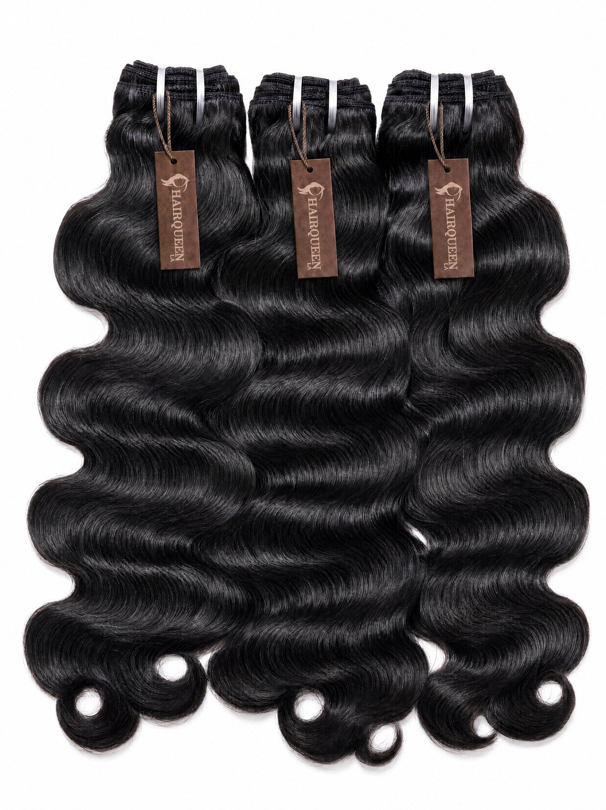 Brazilian body wave human hair bundles, dark black loose waves, three wefts.