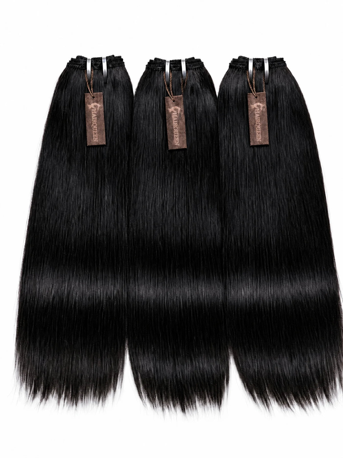 Set of four black straight hair bundles with hanging tags