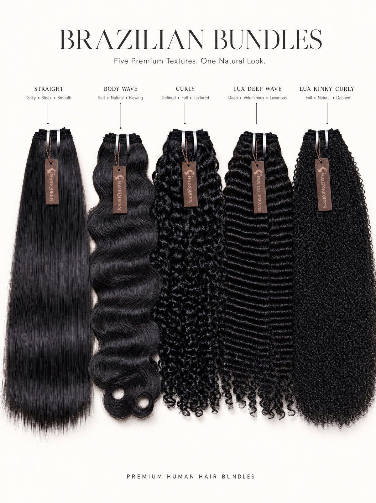 Brazilian hair bundles set with straight, body wave, curly, deep wave, kinky curly styles