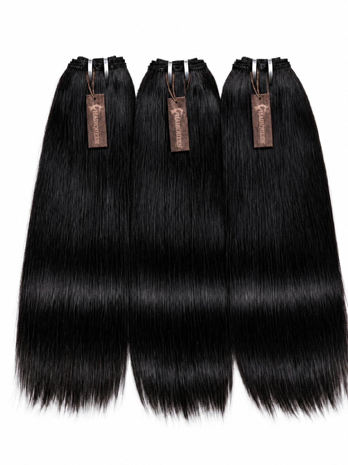 Brazilian straight human hair bundles, dark black wefts, three pieces.
