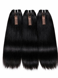 Brazilian straight human hair bundles, dark black wefts, three pieces.