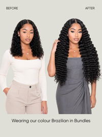 Brazilian bundles on model: short curly and longer wavy black hair