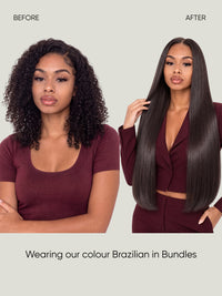 Brazilian bundles on model: shoulder-length curly hair in dark black