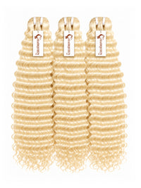 Deep wavy blonde human hair bundles, three wefts with looped tops