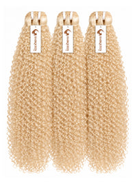 Curly blonde human hair bundles, three wefts with looped tops