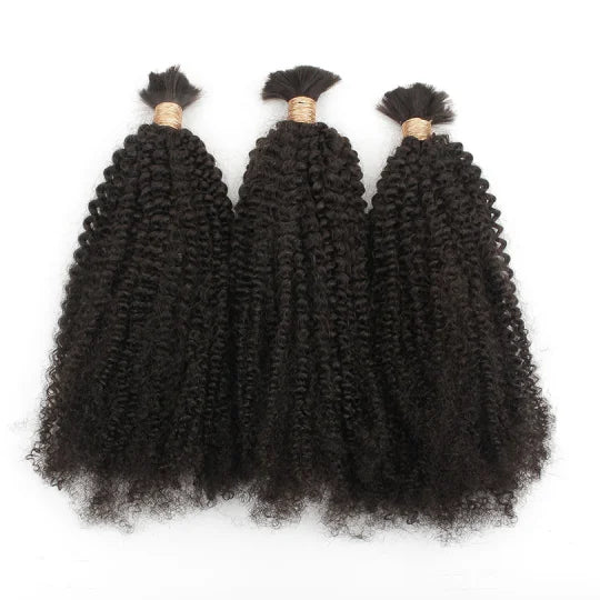 Afro kinky bulk hair bundles with tight curls, three pieces in dark black