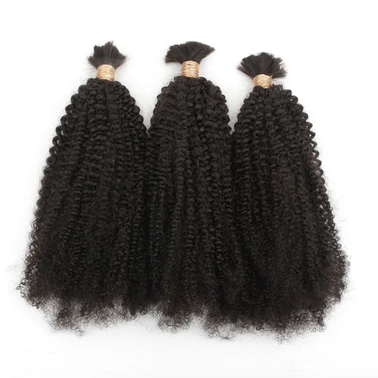 Afro kinky bulk hair bundles with tight curls, three pieces in dark black