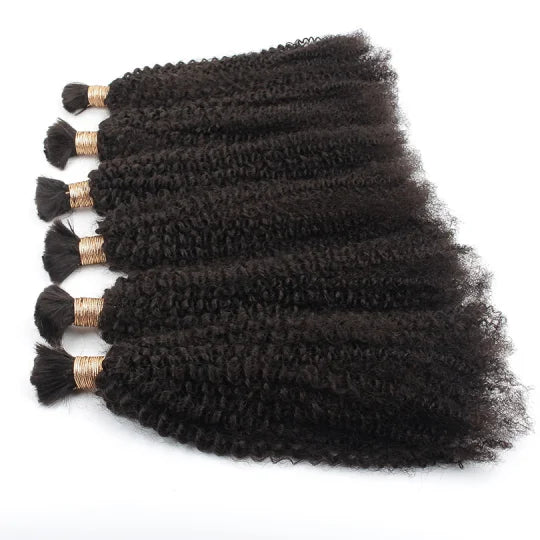 Afro kinky bulk hair bundles, side view of tight curls and textured weave