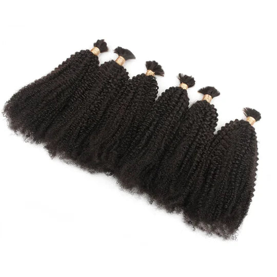 Afro kinky bulk hair bundles arranged fan-style, tight curls in dark black