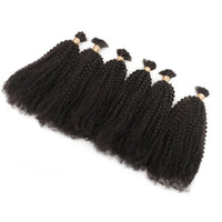 Afro kinky bulk hair bundles arranged fan-style, tight curls in dark black