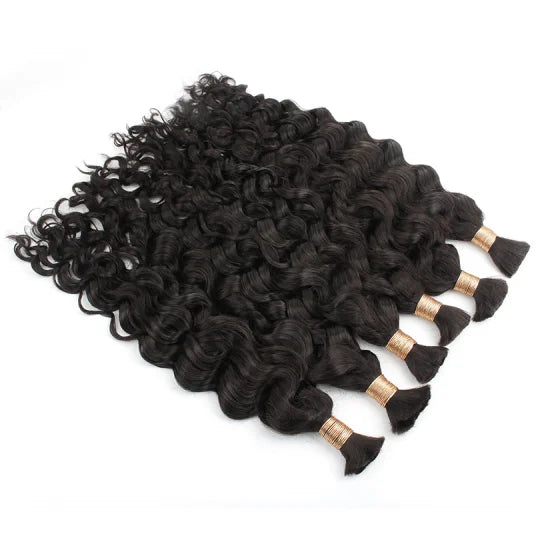 Curly black hair bundles with ringlets, tapered ends, and gold beaded accents