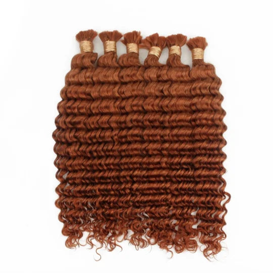 20-inch bulk hair in copper-brown tight curls, full weft with stitched bundle lines