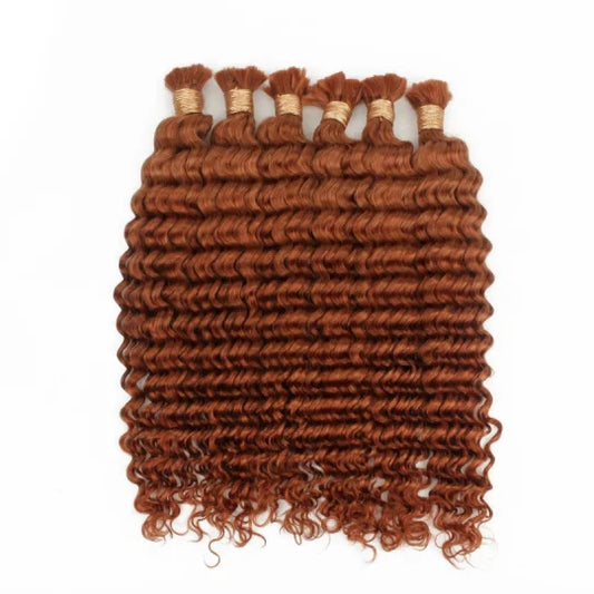 20-inch bulk hair in copper-brown tight curls, full weft with stitched bundle lines