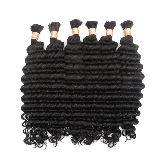 DW bulk hair bundle with tight curly texture and dark black strands, visible weft