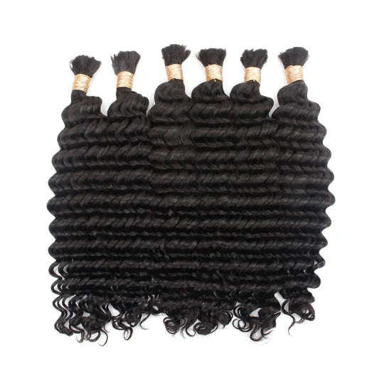 DW bulk hair bundle with tight curly texture and dark black strands, visible weft