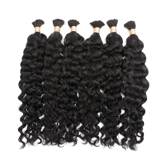 Black curly wave bulk hair bundles with visible gold thread at the tops