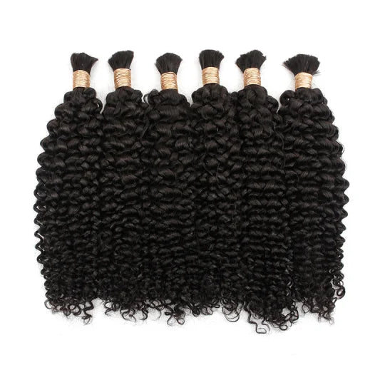 Water wave bulk hair bundles, dense tight curls in dark black with gold-thread capped ends