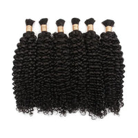 Water wave bulk hair bundles, dense tight curls in dark black with gold-thread capped ends