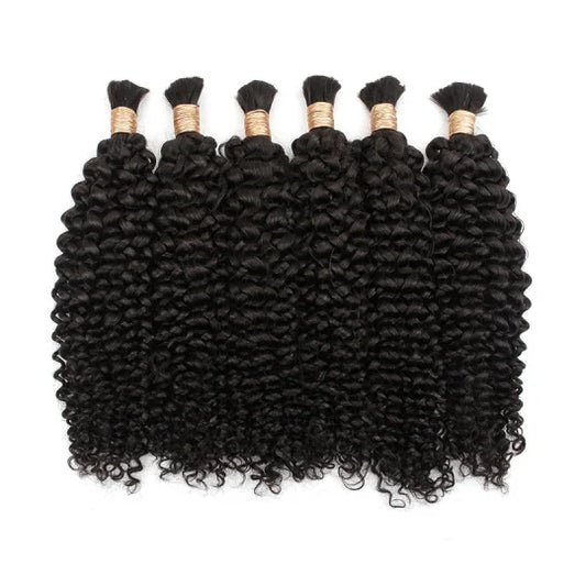 Water wave bulk hair bundles, dense tight curls in dark black with gold-thread capped ends