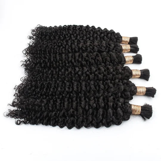 Water wave bulk hair bundles, dark curly black weave with thin gold-thread caps