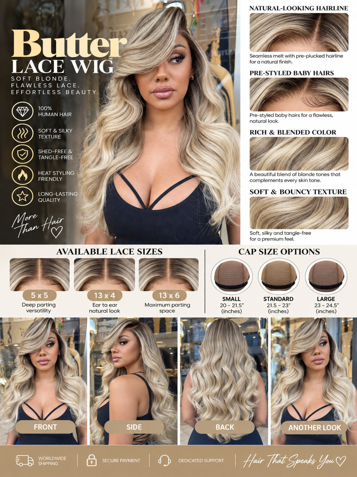 Butter lace wig with long wavy blended blonde-gray hair shown from multiple angles