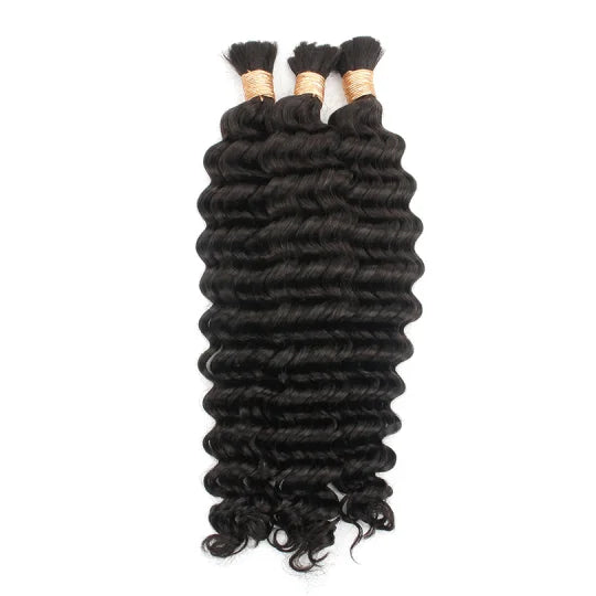 DW bulk hair bundle with tight curls, dark black strands and gold-stitch weft tabs