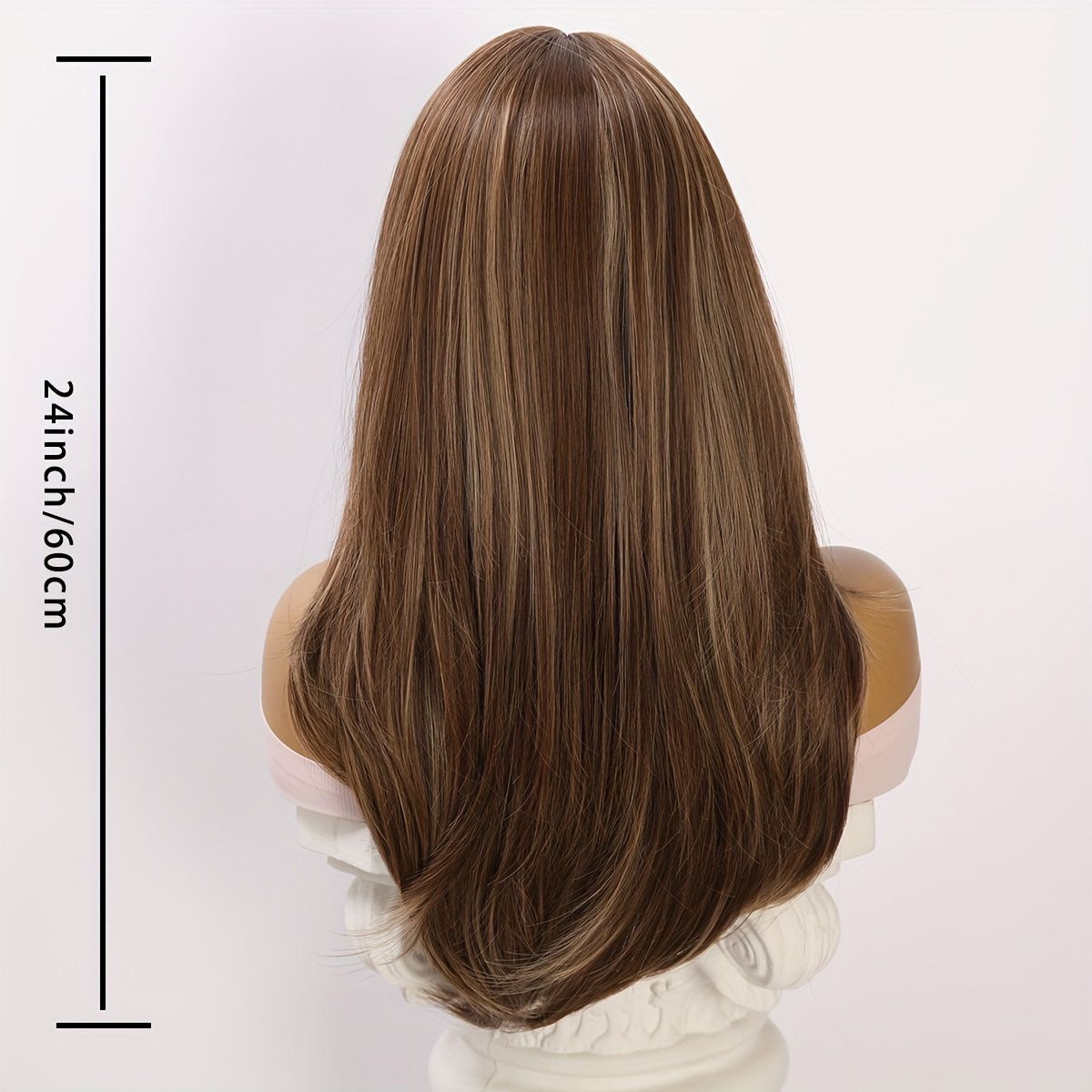 Long brown highlighted synthetic wig, straight-back view with full coverage