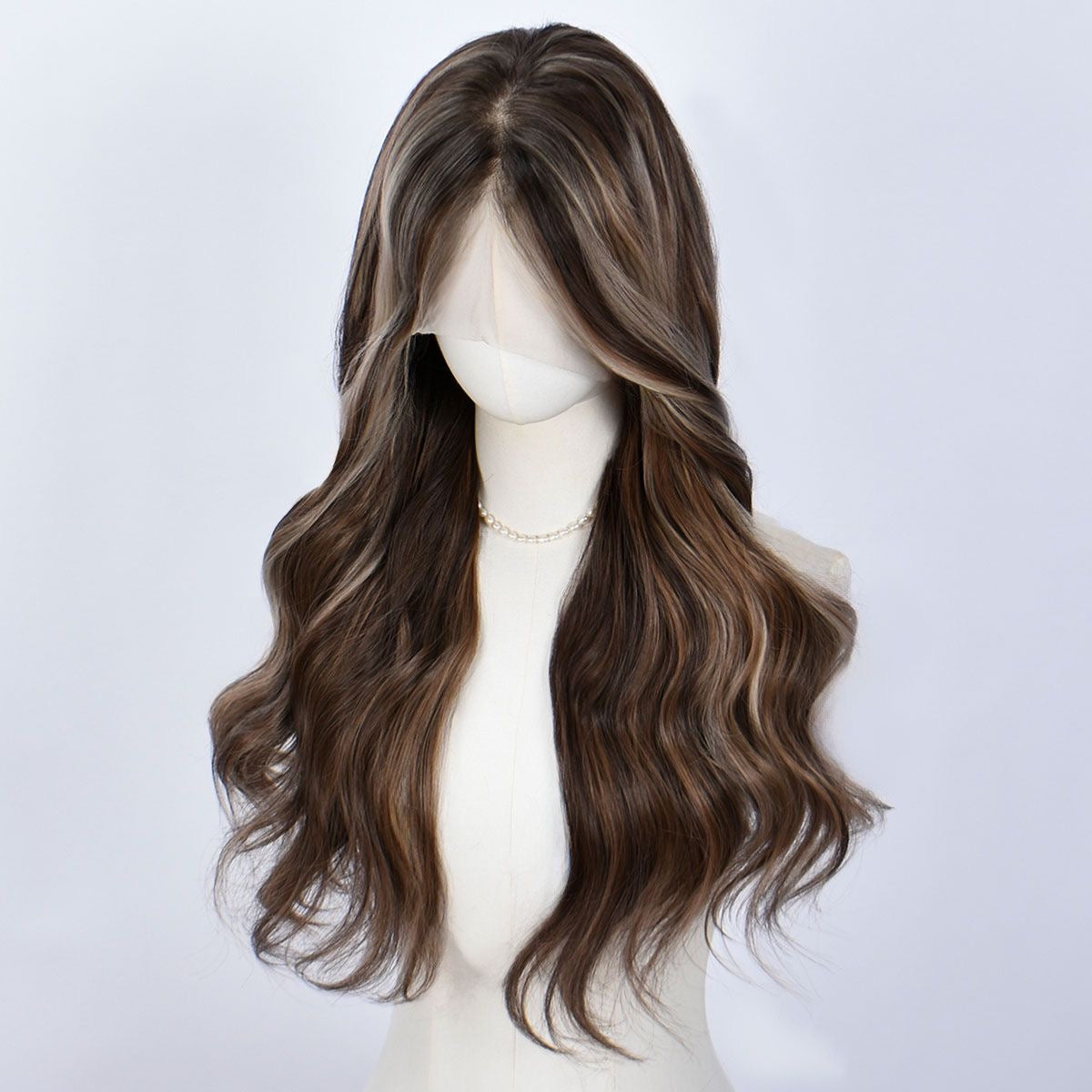 Long dark brown highlighted wig with loose curls, center part, mannequin head