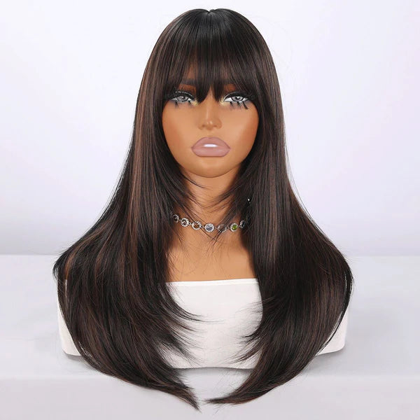 Synthetic blend wig: long straight black hair with blunt bangs, center part.
