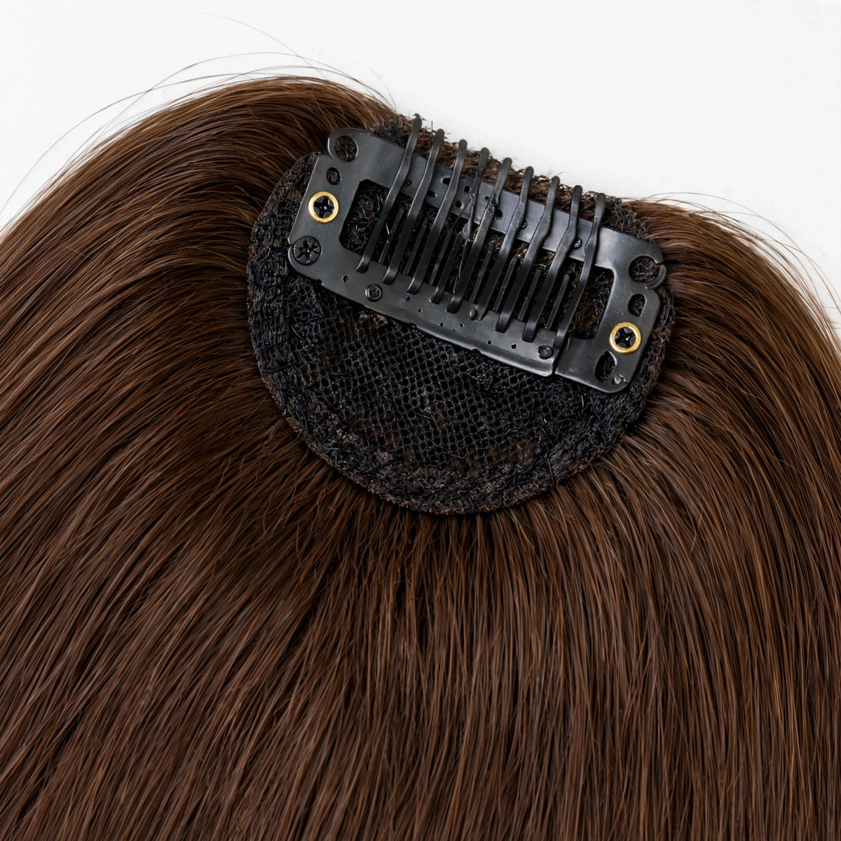 Clip-in hair bangs, medium brown straight fringe with black mesh base and comb clips