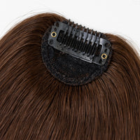Clip-in hair bangs, medium brown straight fringe with black mesh base and comb clips