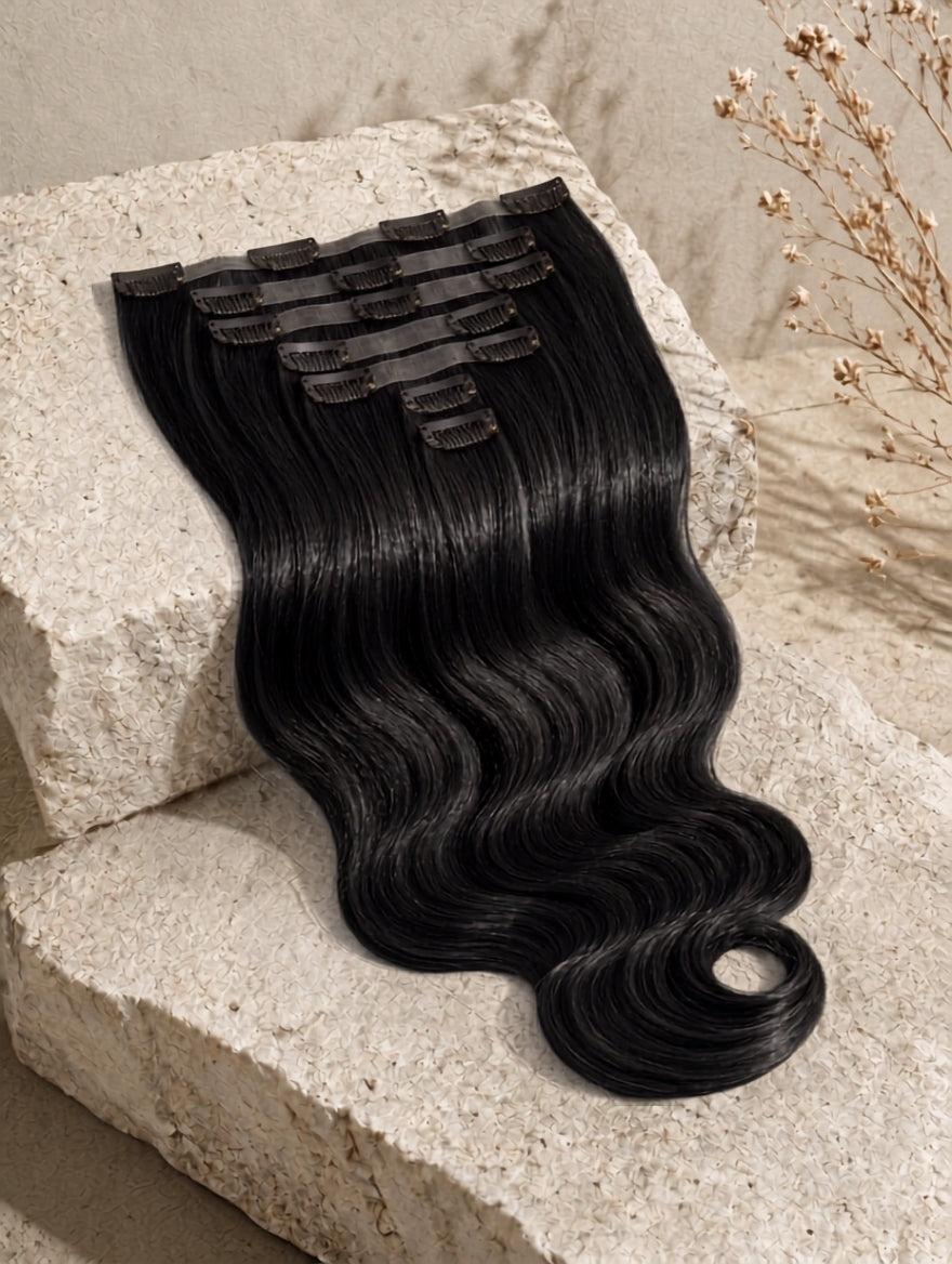 Seamless clip-in hair extension weft with black body-wave curls and comb clips
