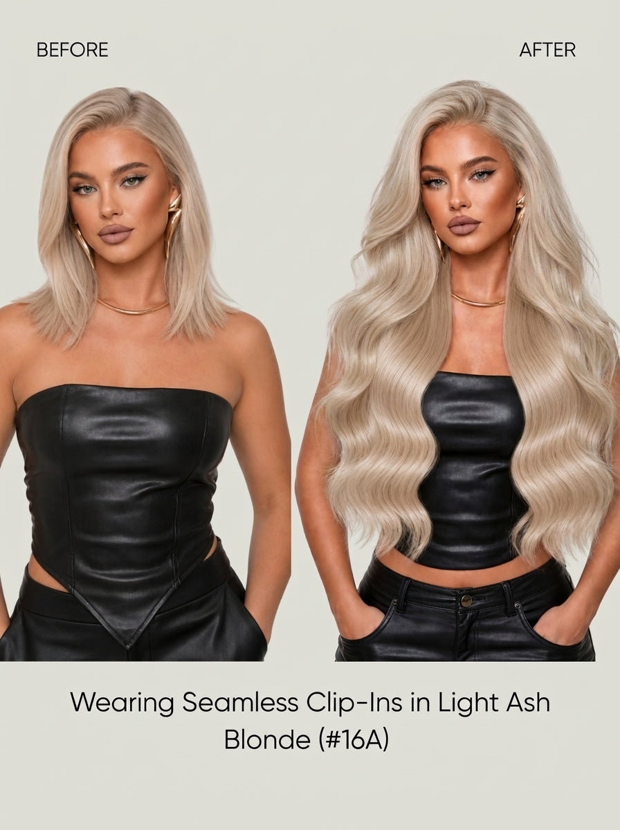 Light ash blonde long wavy clip-in hair extensions styled on a woman
