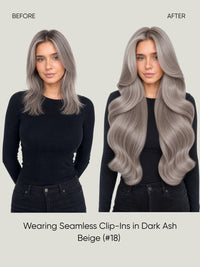 Seamless Clip-In Extensions Dark Ash Blonde 18 before and after
