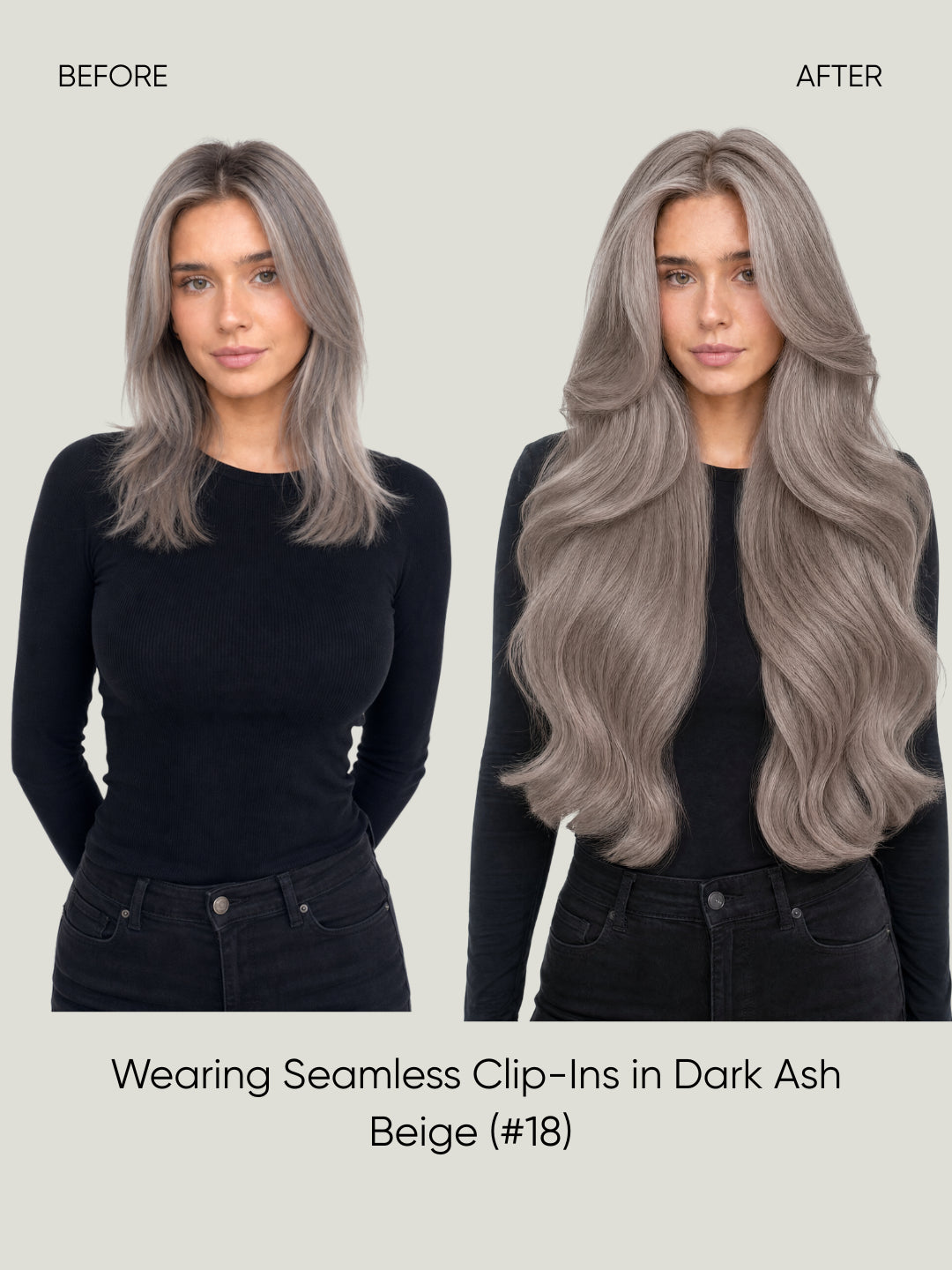Before-and-after styling: long ash gray wavy hair with clip-in extensions