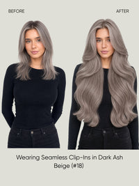 Before-and-after styling: long ash gray wavy hair with clip-in extensions