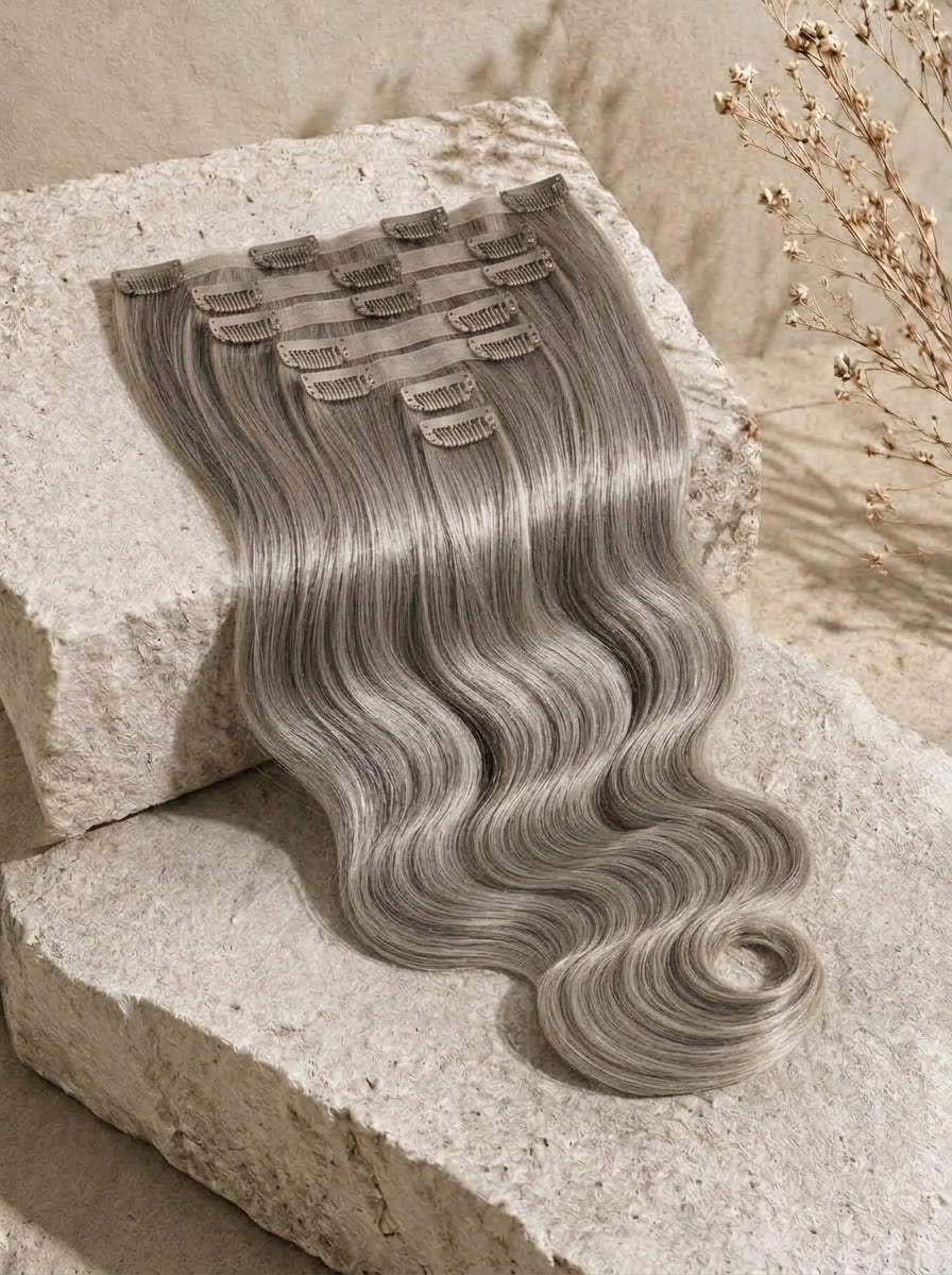 Ash gray wavy clip-in hair extensions with comb clips, displayed on a swatch