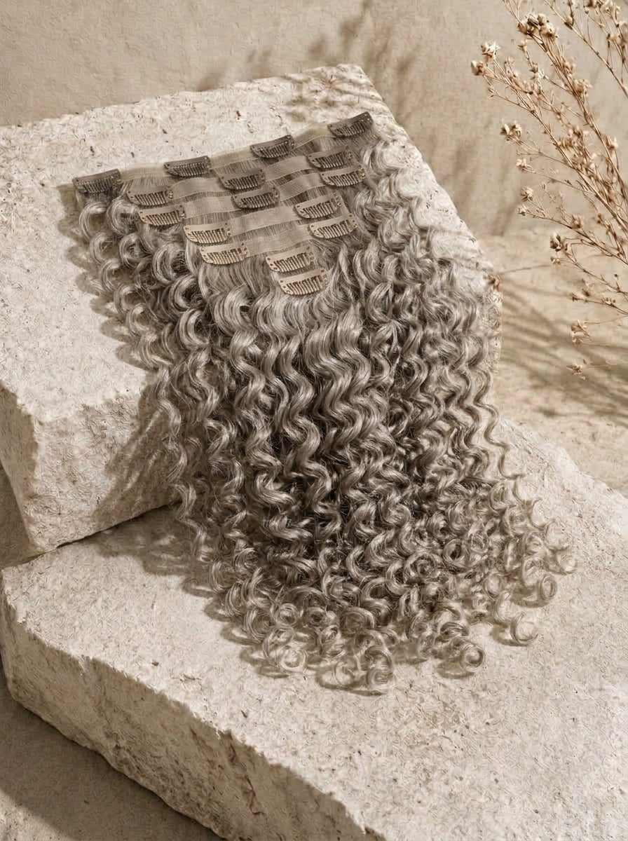 Ash gray curly clip-in hair extensions with comb clips, shown on a swatch