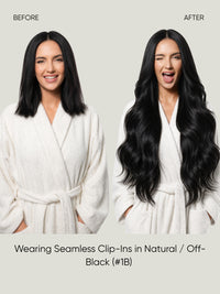 Clip-in hair extensions, long dark off-black wavy style with loose curls