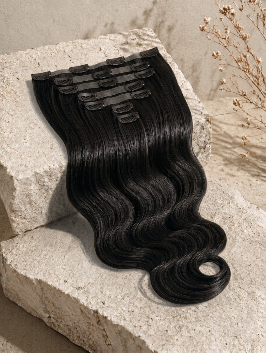 Clip-in hair extensions weft, jet black loose waves with clip attachment