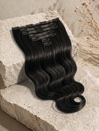 Clip-in hair extensions weft, jet black loose waves with clip attachment