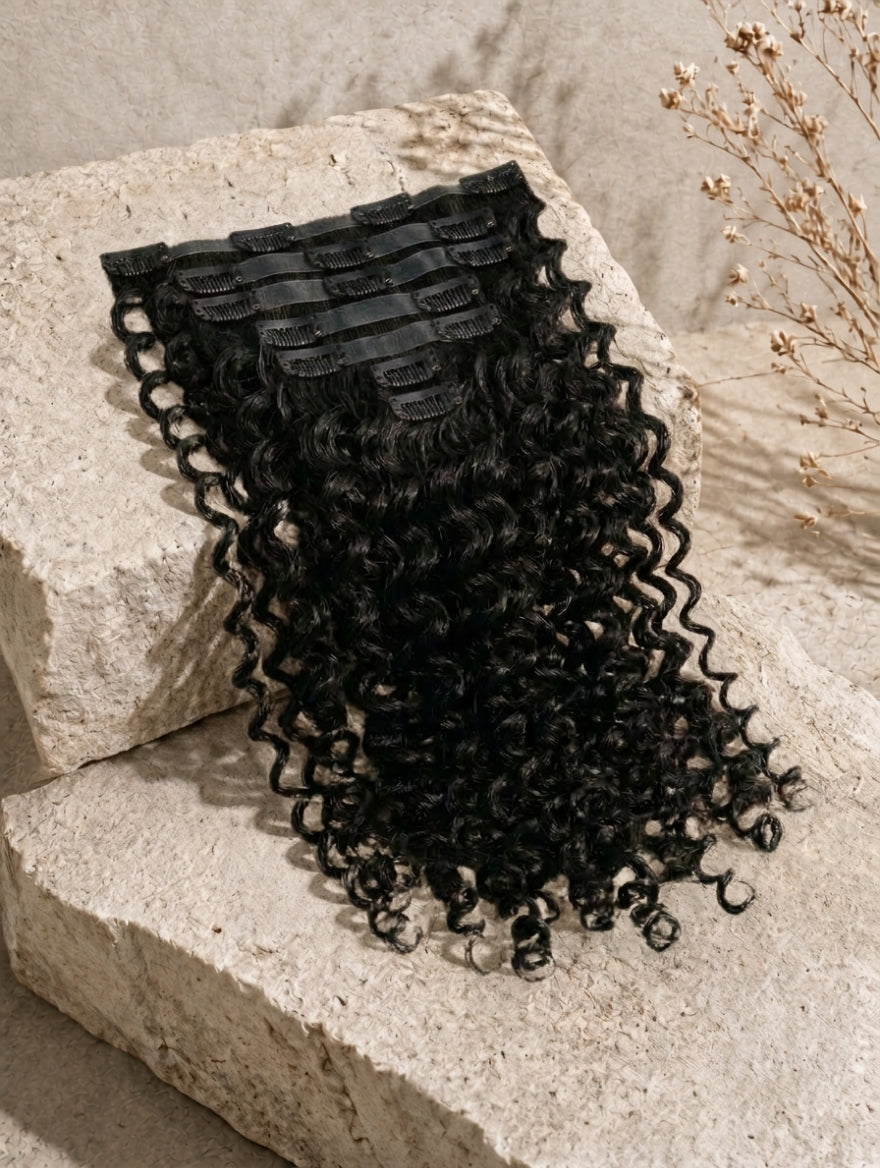 Clip-in hair extensions weft, jet black curly hair with multiple small clips