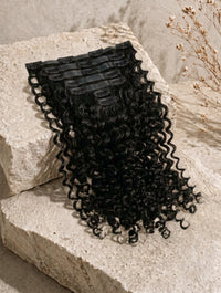 Clip-in hair extensions weft, jet black curly hair with multiple small clips