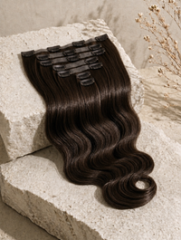 Seamless clip-in hair extension piece with dark body-wave strands and clip band.