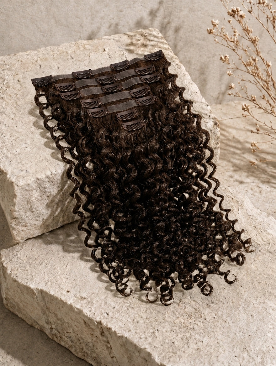 Seamless clip-in hair extension with tight curly texture and clip band top.