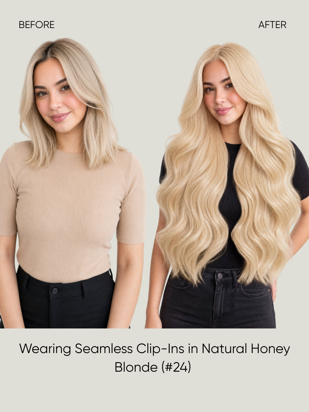 Seamless clip-in extensions before-and-after with long natural honey blonde wavy hair
