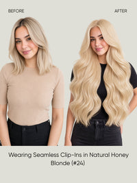 Seamless clip-in extensions before-and-after with long natural honey blonde wavy hair