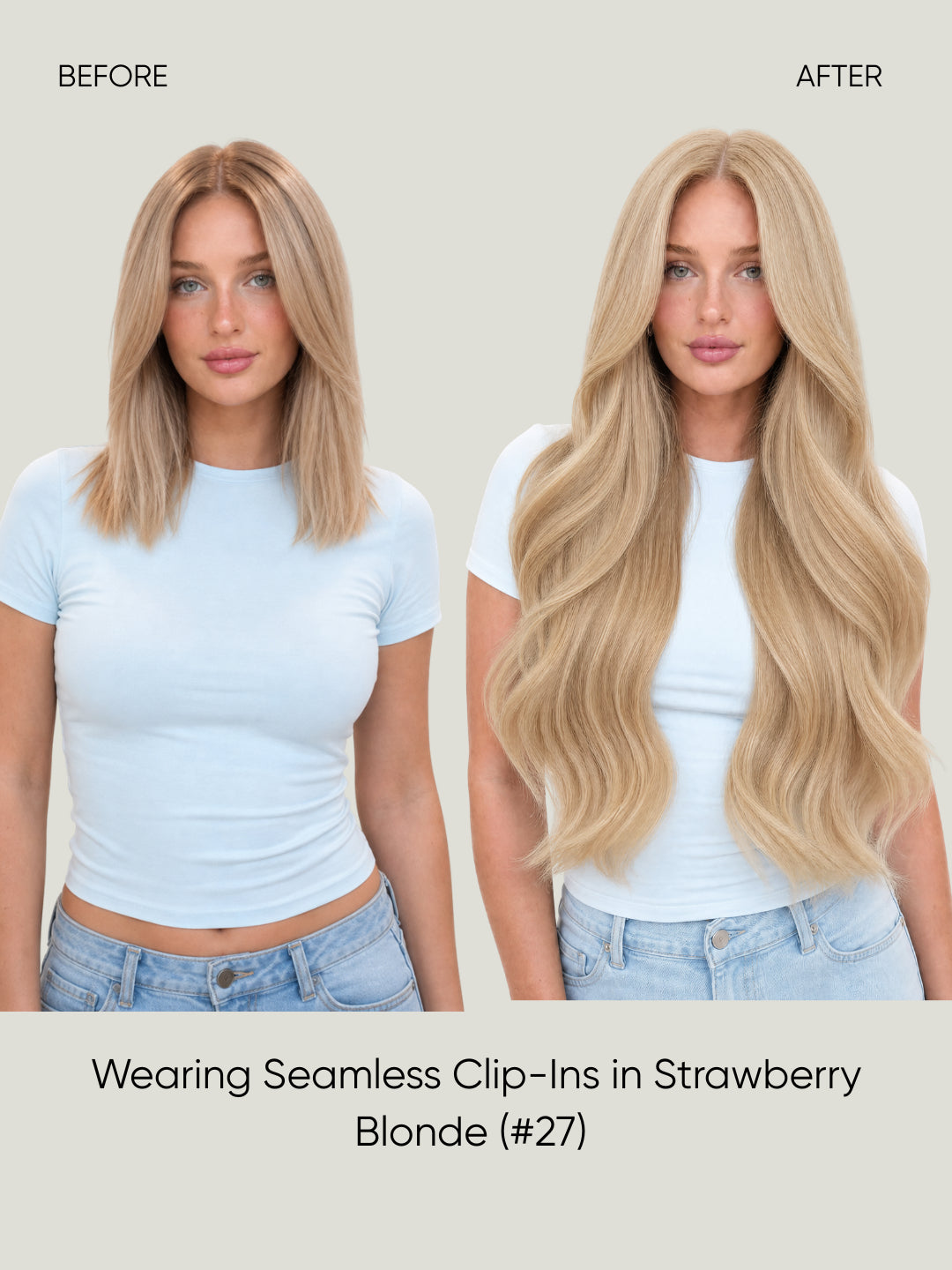 Seamless clip-in hair extensions worn, long wavy blonde hair in before-and-after split