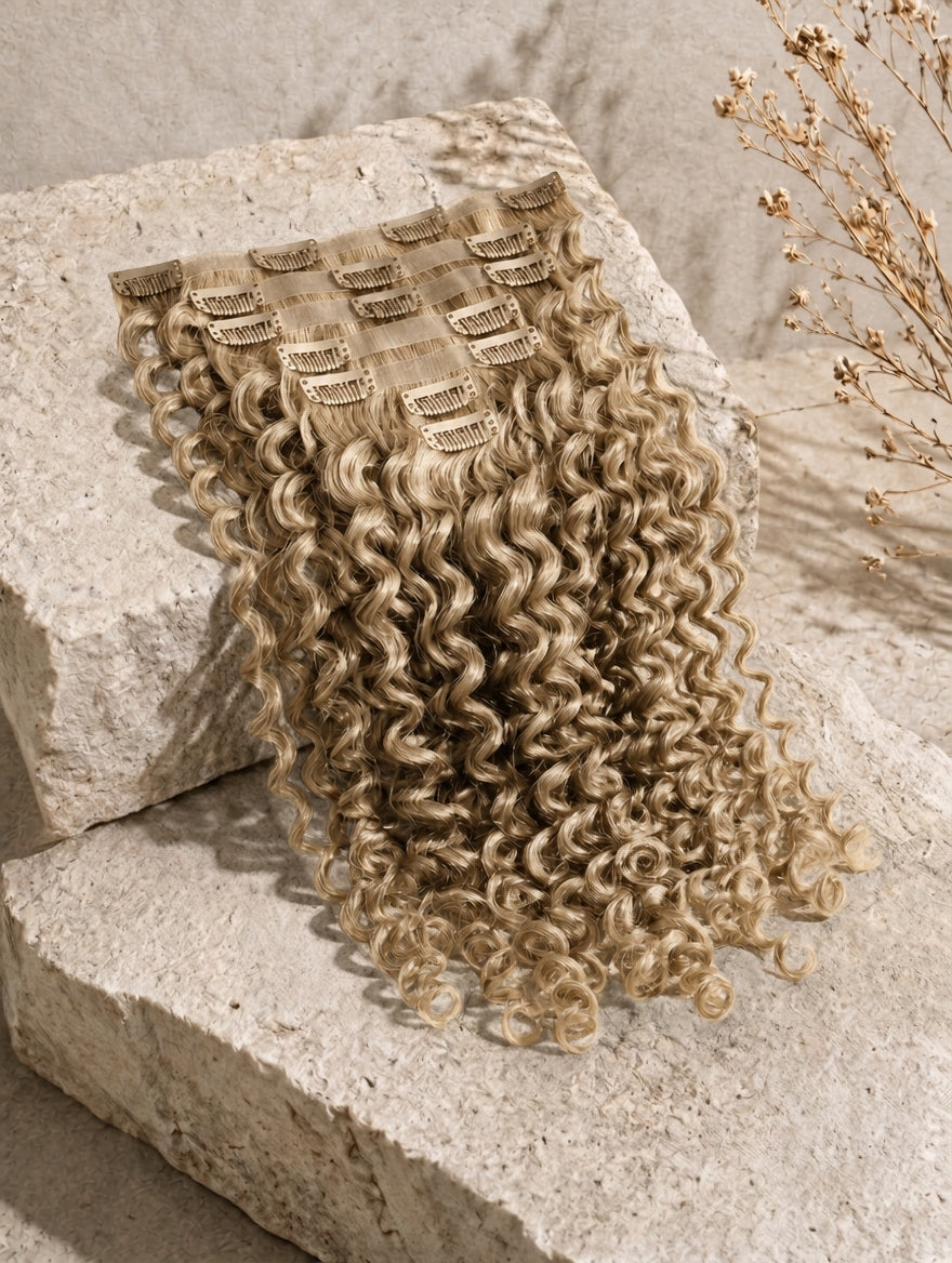 Seamless clip-in hair extensions in golden blonde curls, curved weft with multiple clips